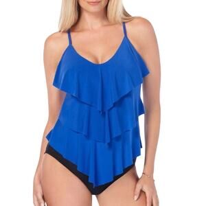 Magicsuit NWT Rita Tankini Top Blue Size 10 Tiered Ruffle V-Neck Adjustable
